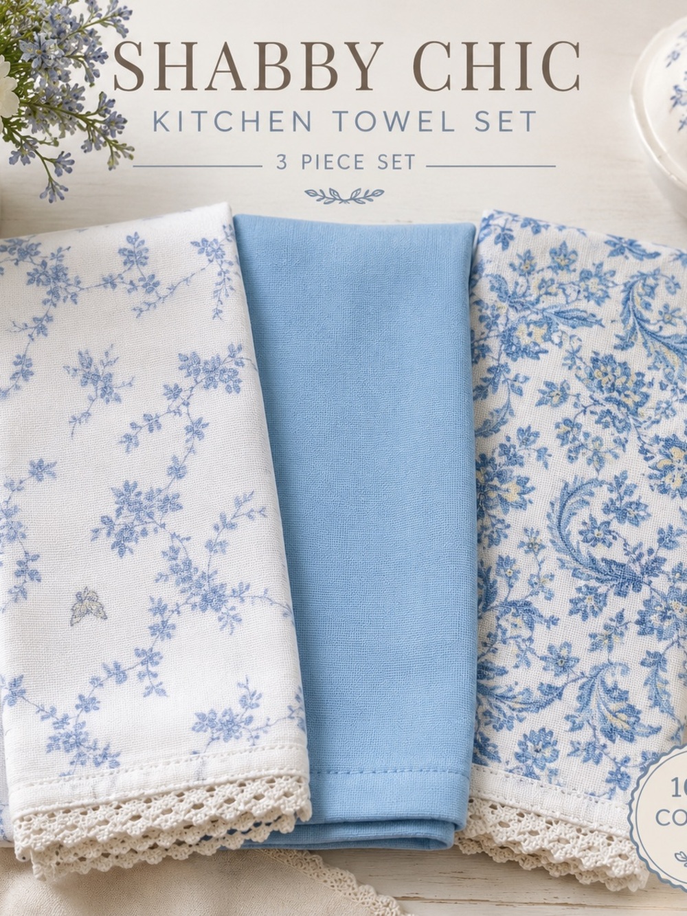 Rachel Ashwell Shabby Chic Cottagecore Kitchen Towels Set of 3 Blue Floral Lace